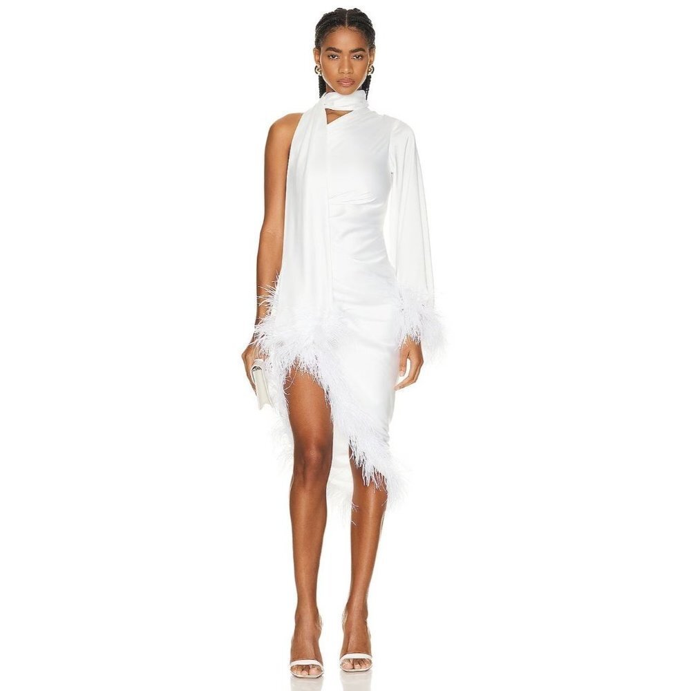 PatBO White Feather-Trimmed Oscar Wedding Dress in White